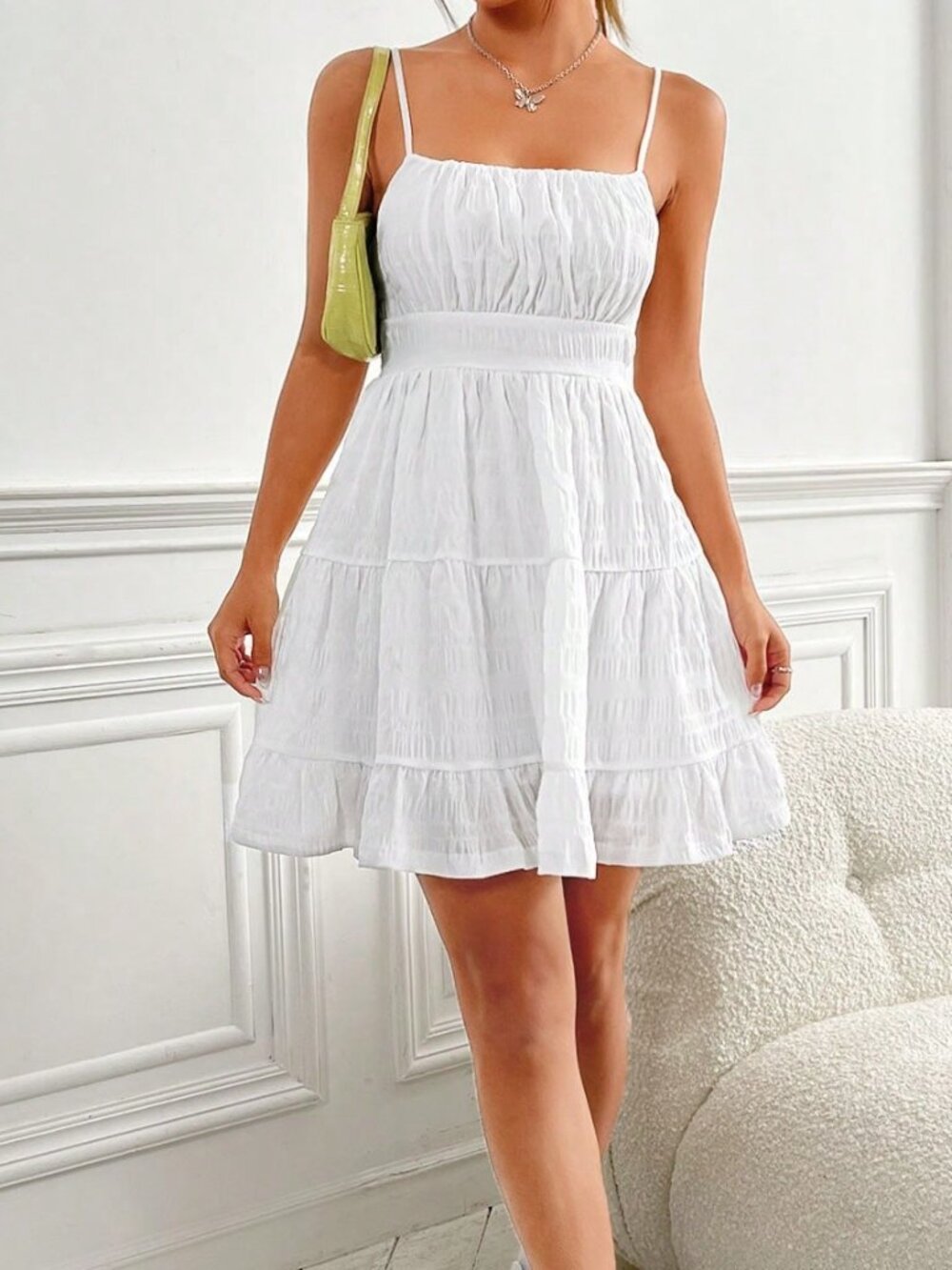 White Casual Women's Ruched Bust Shirred Back Ruffle Hem Cami Graduation Dress - Picture 5 of 6